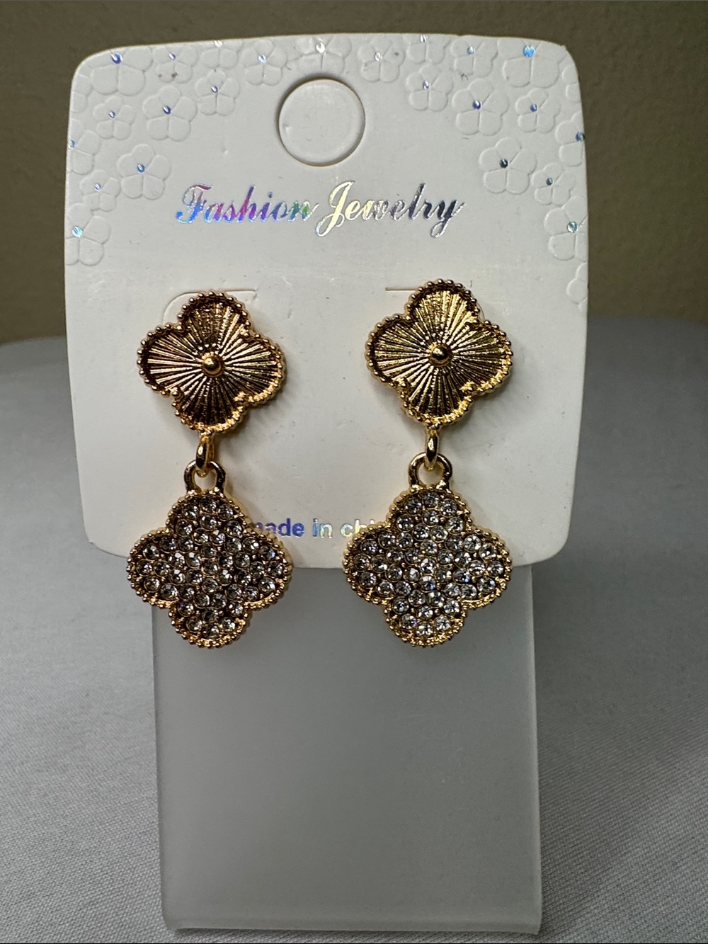 Fashion Jewelry Gold-Tone Crystal Four-Leaf Drop Earrings